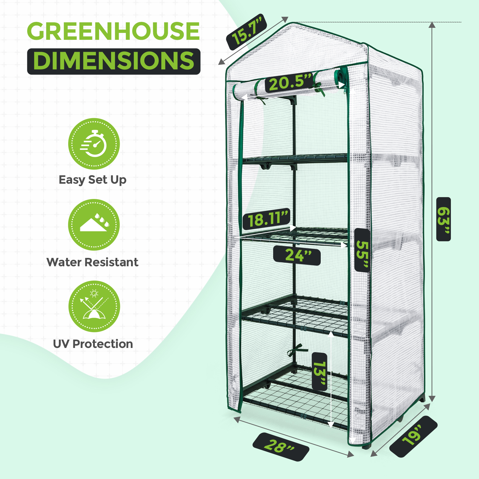 EAGLE PEAK Mini Greenhouse with Wire Shelves, Portable Green House with Roll-Up Zipper Door, 4 Tier, Clear/White PE Cover