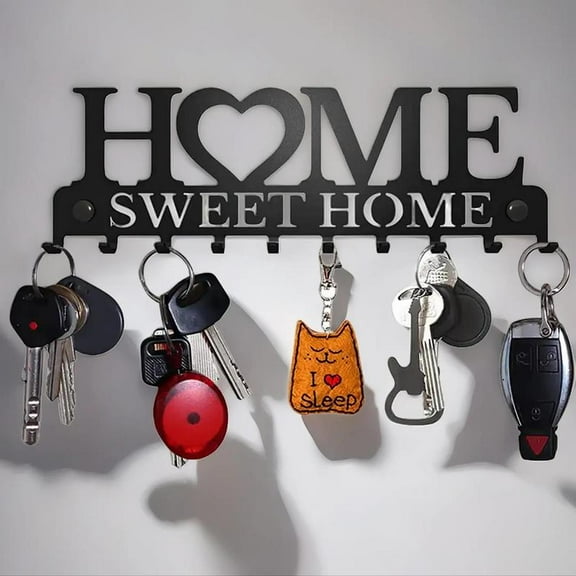 Home Sweet Home Black Metal Key Holder - 1 Count Wall Mounted Key Hanger Rack, Decorative Entryway/Door Hallway Organizer, Home Decor Hooks for Kitchen Bathroom, Key Ring Room Accessories