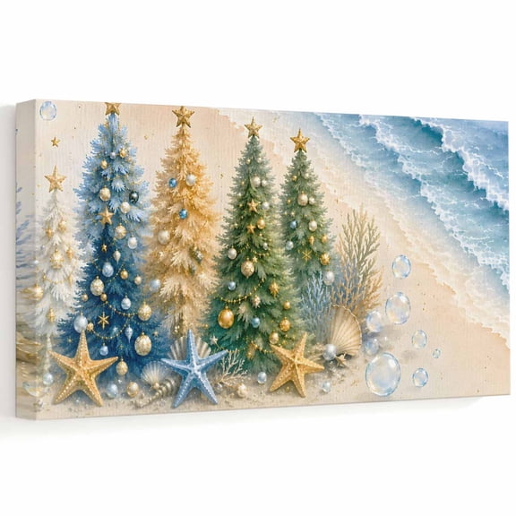 Coastal Christmas Trees Canvas Wall Art, Ocean Sea Waves Golden Sand Beach Wooden‑Stretched Canvas Print Artwork, Home Wall Decor for Living Room Bedroom Office 40"Lx20"W