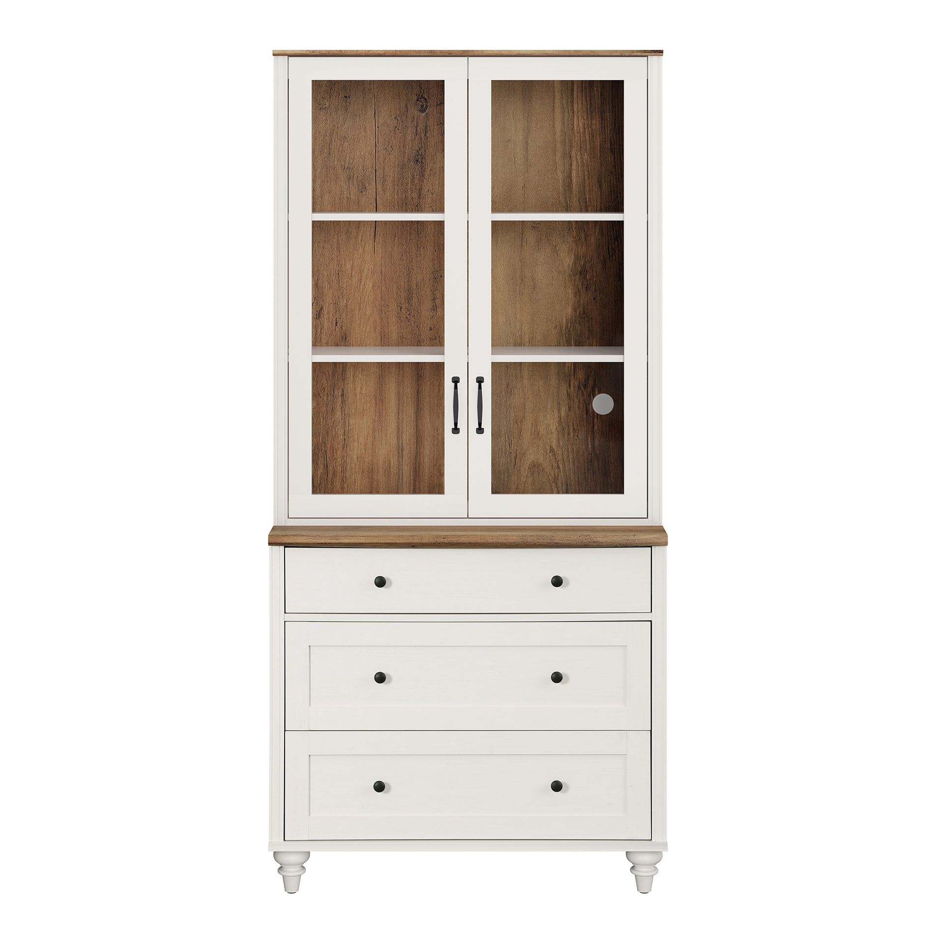 White 5-Tier Bookcase with Glass Doors, Bookshelf with 3 Drawers, Farmhouse Library Wooden Bookshelves for Living Room, Office, Kitchen