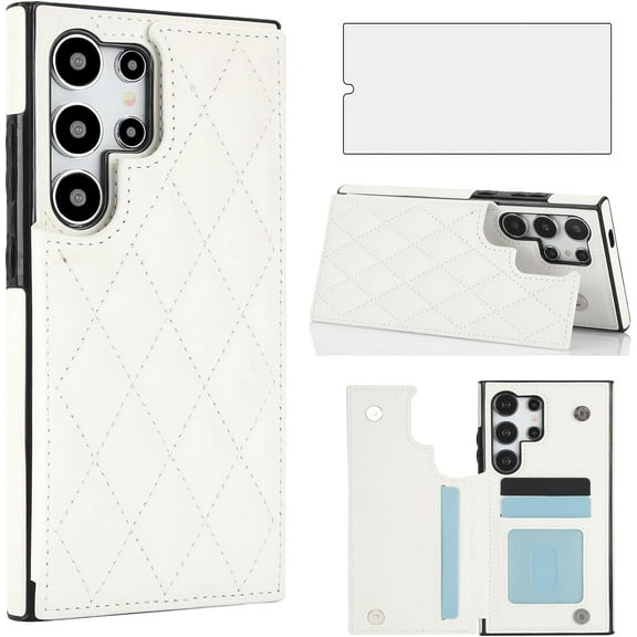 HCTian Phone Case for Samsung Galaxy S24 Ultra 5G Wallet Cover with Tempered Glass Screen Protector and Leather RFID Card Holder Stand Cell Accessories S24Ultra 24S S 24 24Ultra Women Men
