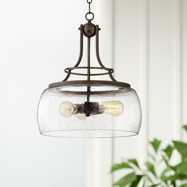 Franklin Iron Works Painted Bronze Pendant Chandelier 16" Wide Rustic Farmhouse Seeded Clear Glass LED 3-Light Fixture Dining Room