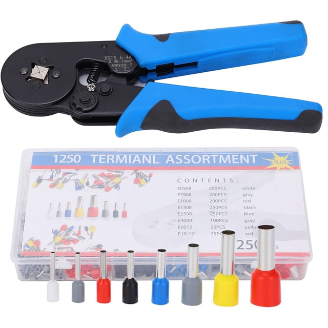 Surtido de 1250 terminales de cable aislados con alicates, kit de herramientas de crimpado eléctrico, mango azul y negro