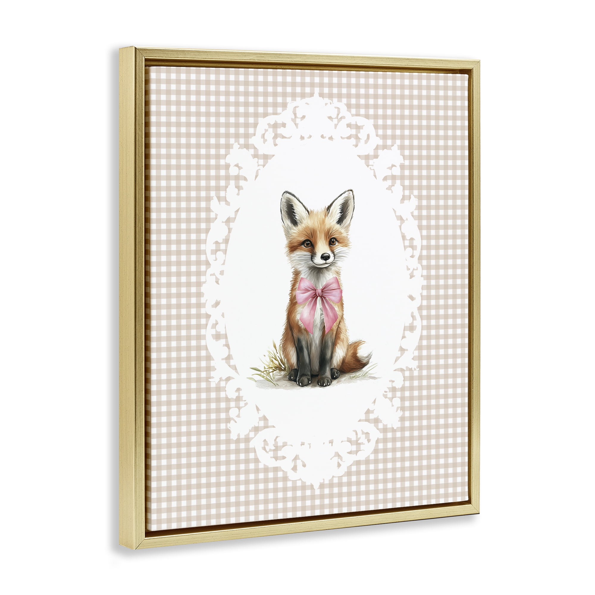 Stupell Industries Vintage Bow Fox on Gingham Gold Framed Floater Canvas Wall Art, design by Christine Simpson Art