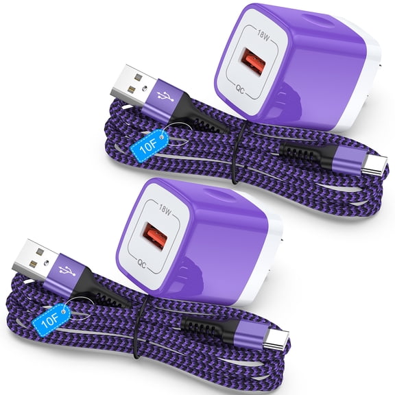 Type C Charger Block, 2Pack QC 18W Charging Block with 10FT USB C Charging Cable,USB C Wall Charger Plug Fast Charging Station Android Phone Charger Cords Compatible for iPhone Samsung Android,Purple