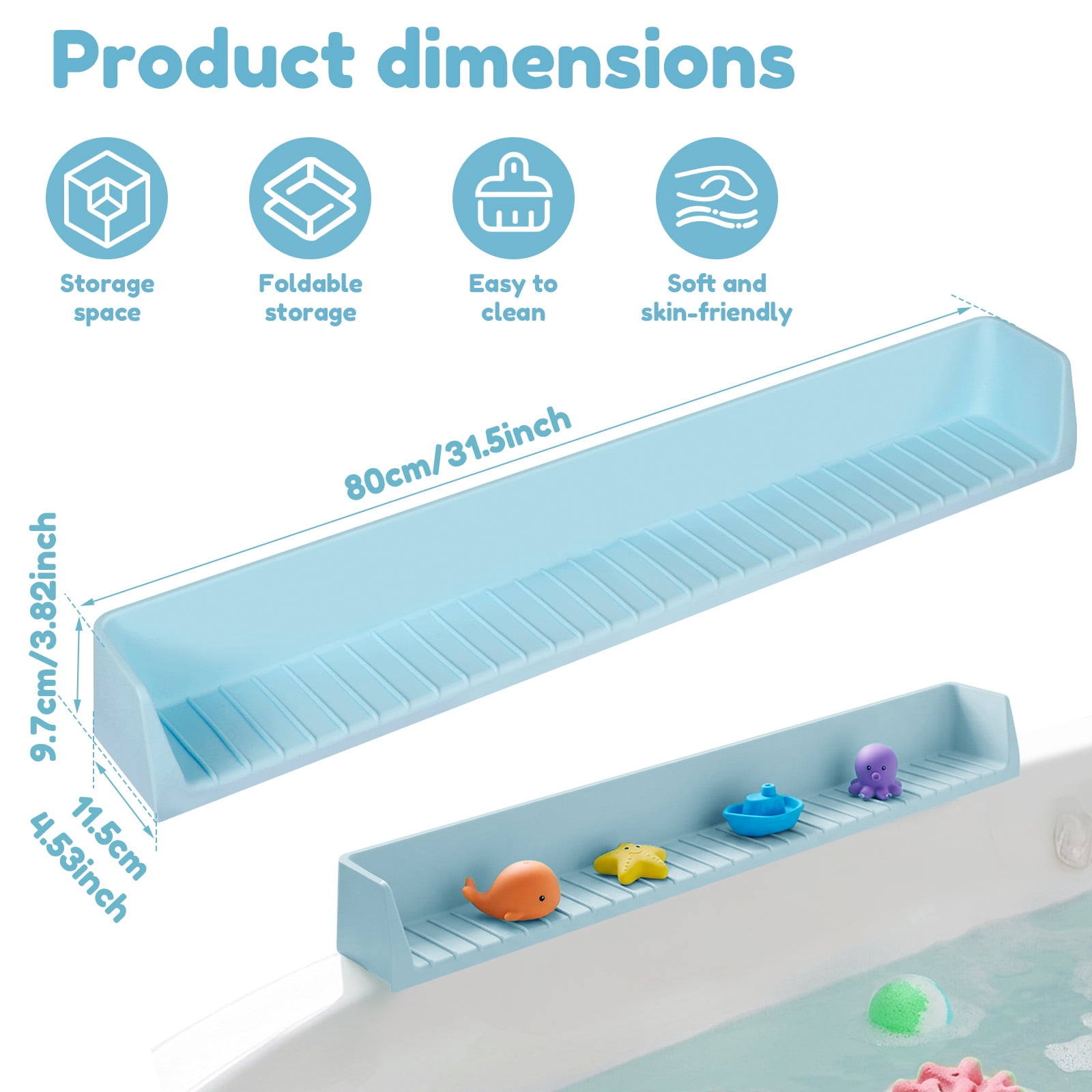Ikoopy Splash Guard for Bathtub Kids Silicone Bathtub Sky Blue Splash Guard with Suction Cups Bath Tub Play Shelf for Kids and Toy Holder Avoid Water Spill in Bathroom Fun Bath Time for Toddler Baby