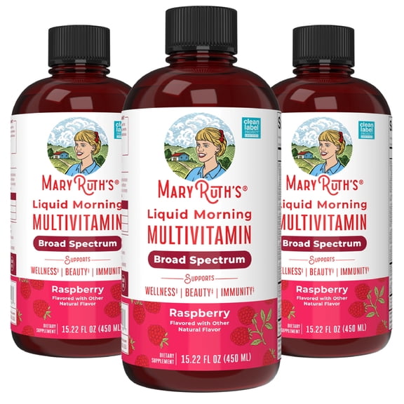 (3 pack) MaryRuth's Liquid Morning Multivitamin, Adults and Kids, General Health and Wellness, Immune Support, Overall Health, Vegan, Raspberry, 15.22 fl oz