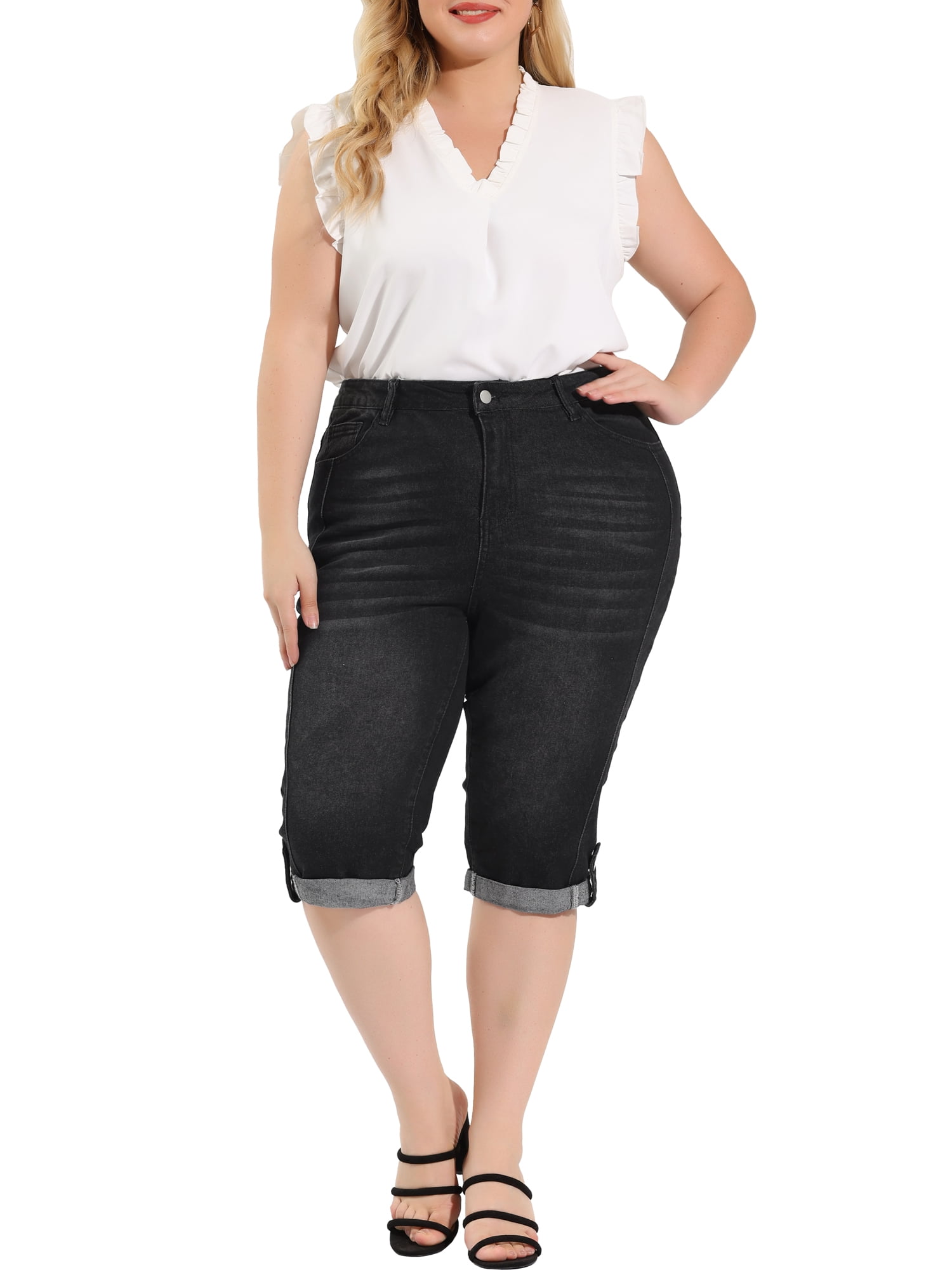 Unique Bargains Juniors' Plus Size Shorts Chambray Ripped Denim Capri Jeans Black 1X