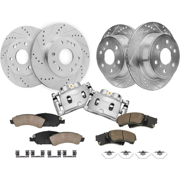 Detroit Axle - Drilled Rotors Ceramic Pads Front Brake Calipers for 08-13 Chevrolet Silverado GMC Sierra 1500 Avalanche 08-14 Suburban Tahoe Yukon XL Escalade: 12.99" Front & 13.58" Rear Rotors
