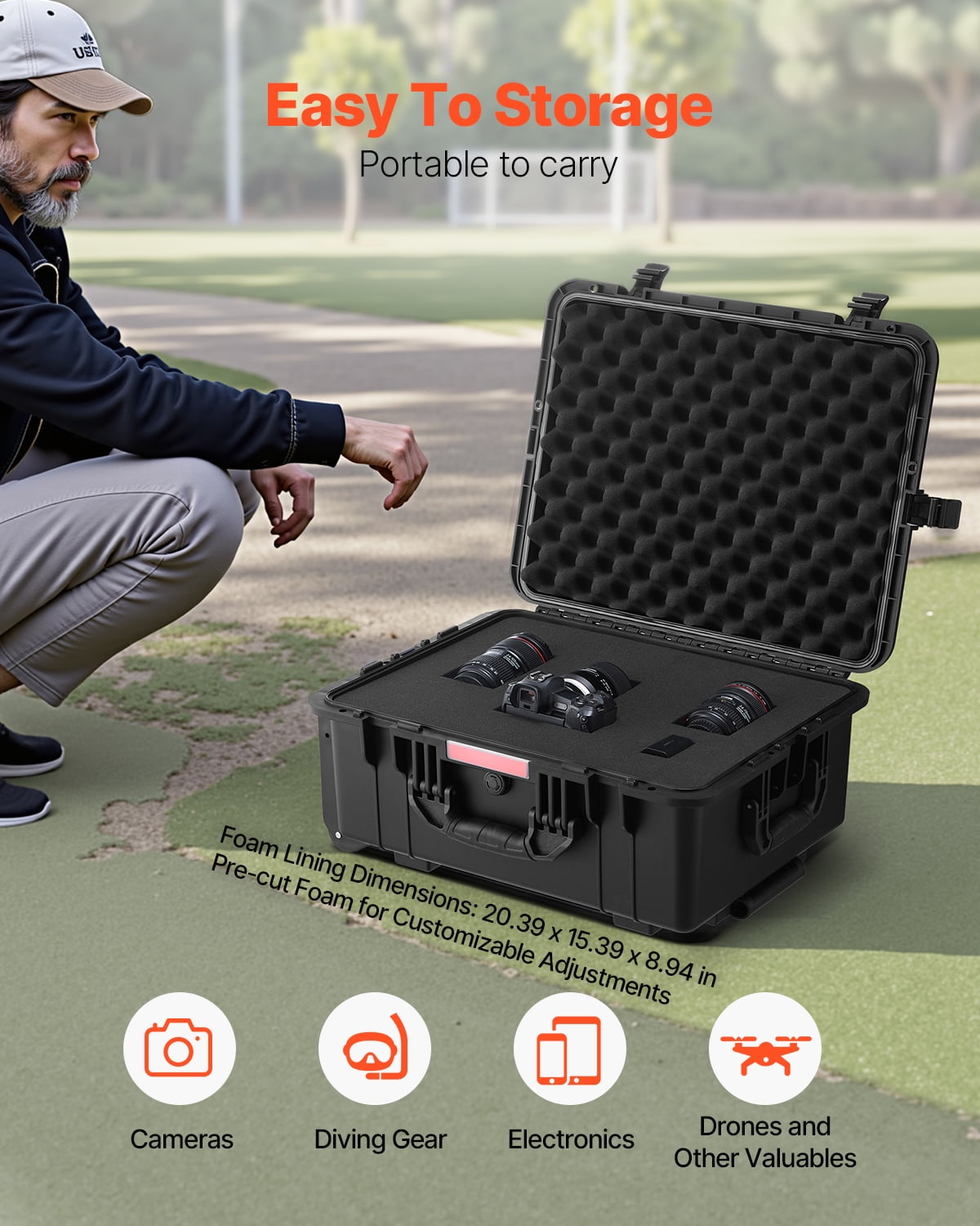 VEVOR Weatherproof Hard Case, Heavy Duty Protective Dry Box Case with Pre-Cut Foam, Wheels & Retractable Pull Handles for Travel, Hunt, Military, Tactical, IP67 Waterproof Case for Cameras(57x45x28)