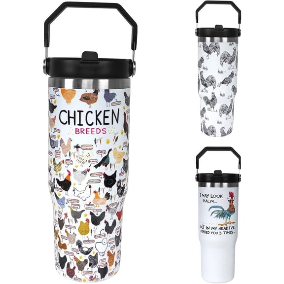 30oz Chicken Bottle Spill Proof Hen Rooster Tumbler with Top Handle and Straw Lid Stainless Steel Double Wall Insulated Tumbler Coffee Mug Gift for Women Men Travel Cup for Car