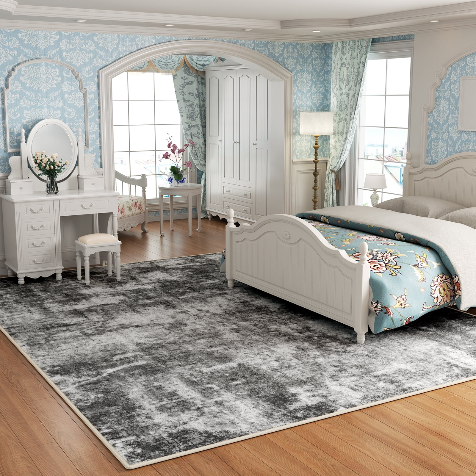 Washable Area Rug for Living Room, 8'x10' Non-Slip Neutral Abstract Gray Indoor Rugs, Low Pile Stain Resistant Carpet for Bedroom Kitchen