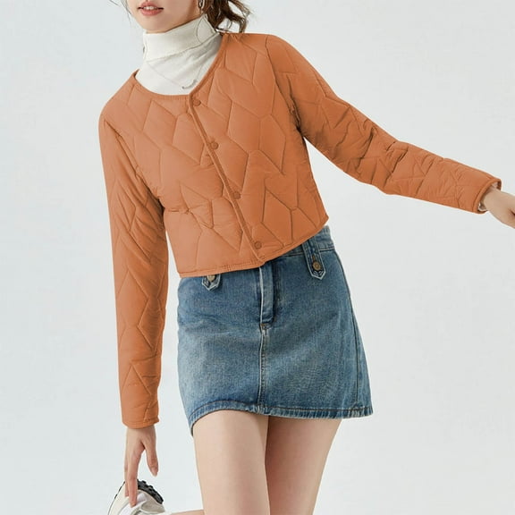jtjvou Women's Cropped Quilted Winter Coat, Plus Size Casual Lightweight Button Down Padded Down Puffer Jackets Orange XXXL