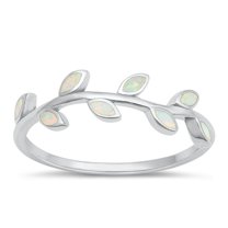 CHOOSE YOUR COLOR White Simulated Opal Ring .925 Sterling Silver Leaf Band CZ Female Size 8