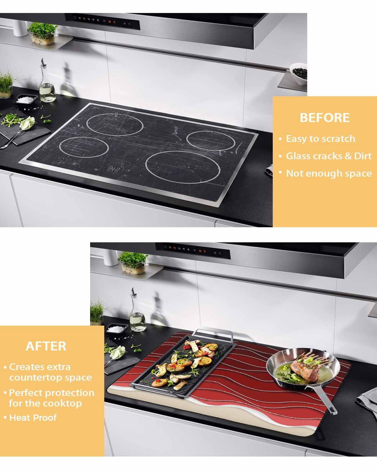 nqOlkjepod Large Induction Cooktop Protector Mat 24"x21", Red Ocean Waves Stove Top Covers for Electric Stove, Coastal Abstract Stripes Ombre Art Stove Burner Cover Mats, Glass Top Stove Cover