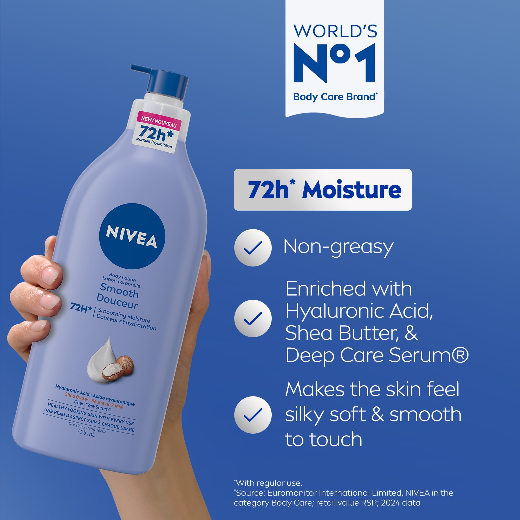 Lotion corporelle hydratante douceur 72 heures NIVEA pour peaux sèches avec acide hyaluronique, 625 ml 625 ml