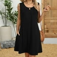 thumbnail image 4 of Women's Dresses Under $10 Summer Solid Pleated Round Neck Sleeveless Pockets Dresses Casual Comfortable All Occasion Wear, 4 of 9