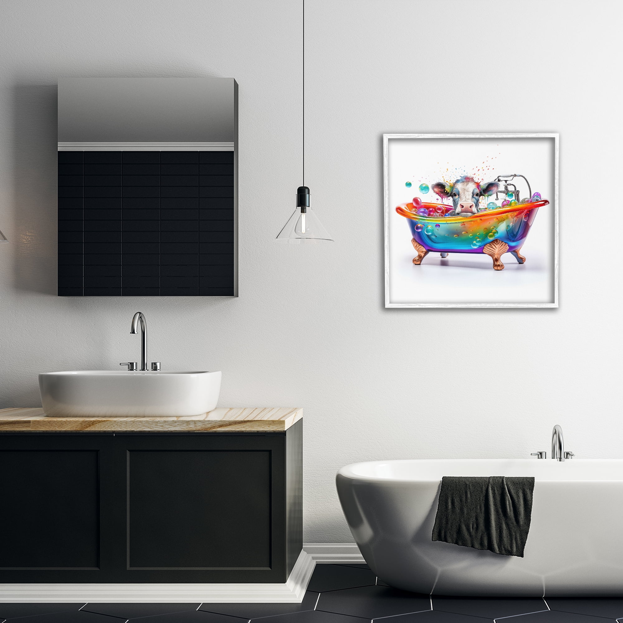 Stupell Industries Cow in Rainbow Bath Typography Painting White Framed Art Print Wall Art, 24 x 24