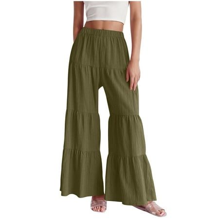 WMTBSRSW Palazzo Pants for Women Summer Boho High Waist Ruffle Hem Wide Leg Pant Casual Flowy Baggy Tiered Flared Trousers Army Green Medium