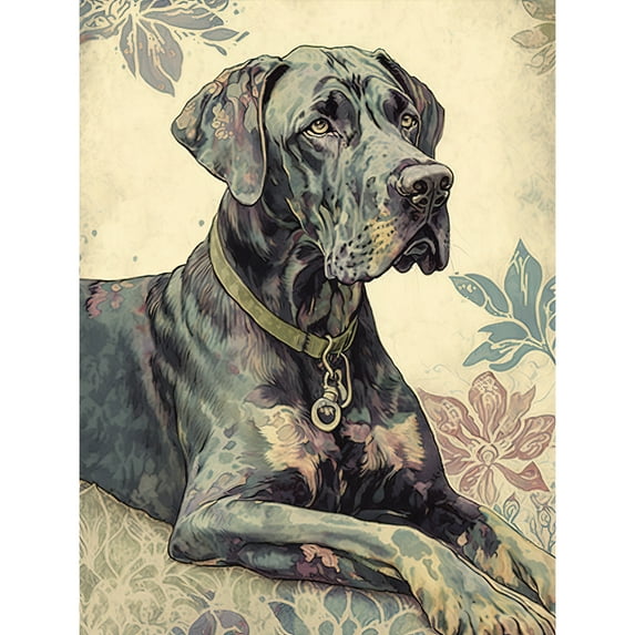 Great Dane Dog with Floral Pattern Modern Linocut Illustration Large Wall Art Poster Print Thick Paper 18X24 Inch