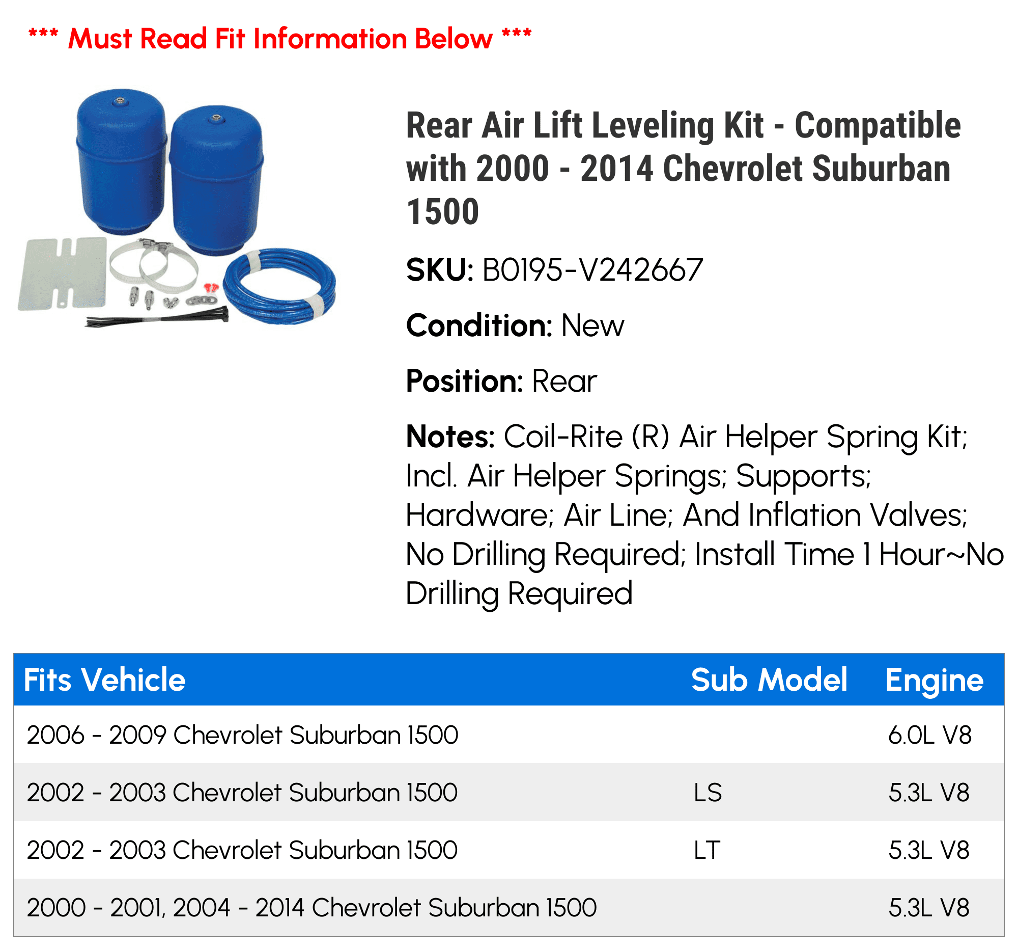 Rear Air Lift Leveling Kit - Compatible with 2000 - 2014 Chevy Suburban 1500 2001 2002 2003 2004 2005 2006 2007 2008 2009 2010 2011 2012 2013
