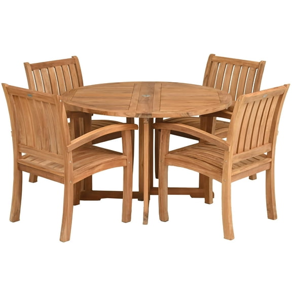 5 Piece Teak Wood Outdoor Patio Dining Set Including 47" Round Butterfly Folding Table with 4 Abacho Arm Chairs