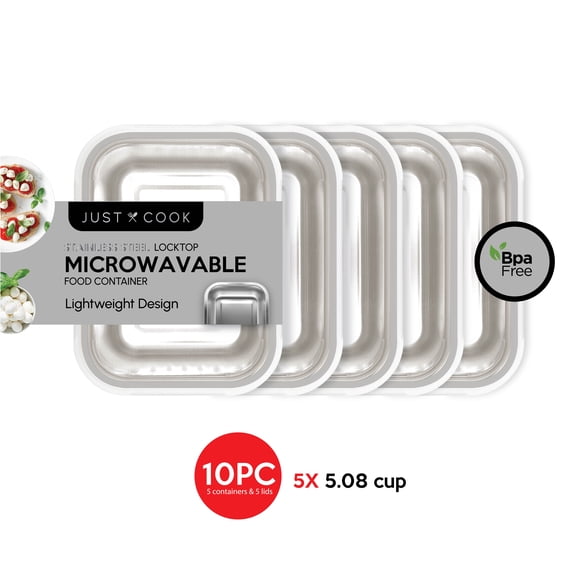 Just Cook Stainless Steel Metal Microwave Food Storage Container Set, 10 Piece Set - 5 34OZ or 4.25 Cup Containers, Ideal Use for Meal Prep and Batch Cooking
