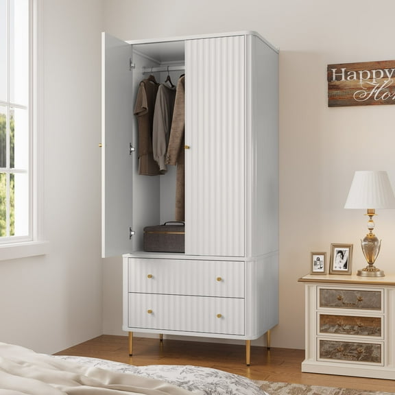 HLR 71" Tall Fluted Modern Wood Armoire Wardrobe Closet, Freestanding Cabinet with Hanging Rod for Bedroom, White
