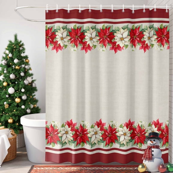 Christmas Winter Shower Curtain, 66" x 72", Poinsettia Red Floral Linen Waterproof Bathroom Curtain Washable Shower Curtain Set with 12 Hooks