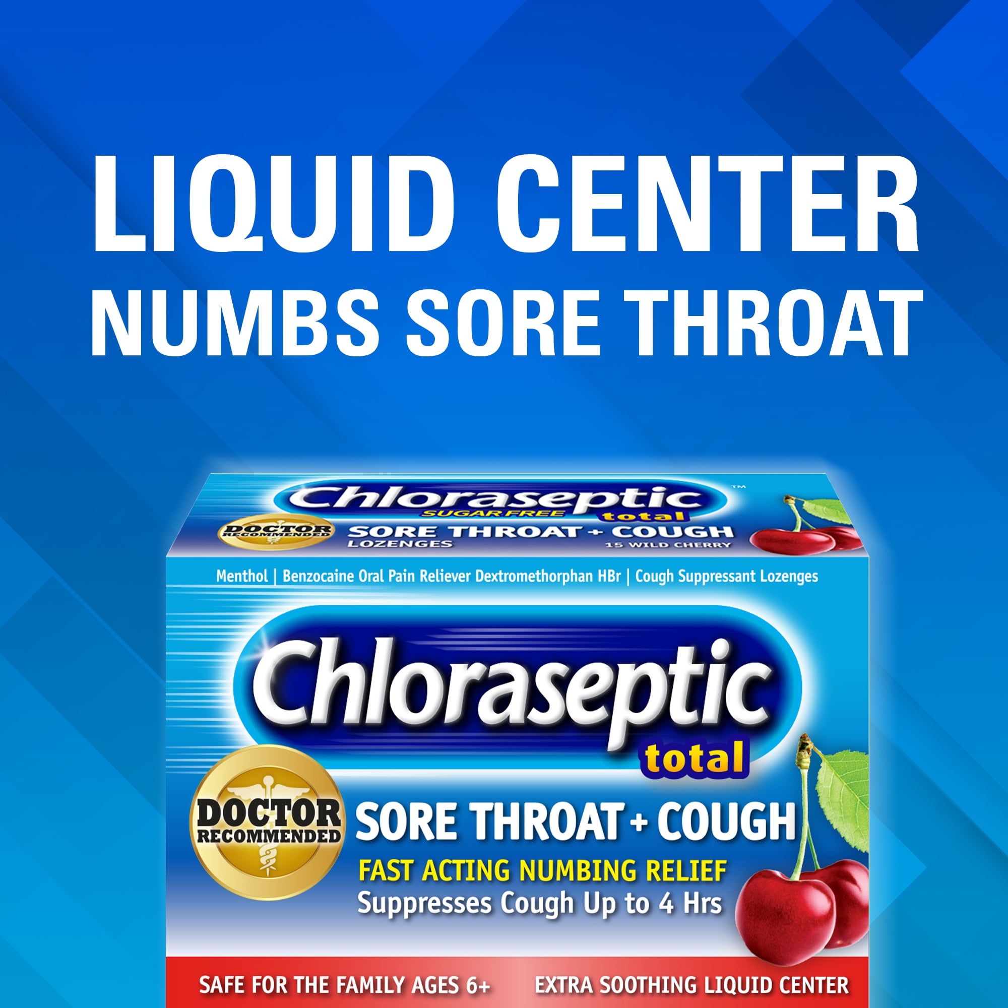 Chloraseptic Total Sore Throat + Cough Lozenges, Sugar-Free Wild Cherry Flavor, 15 CT