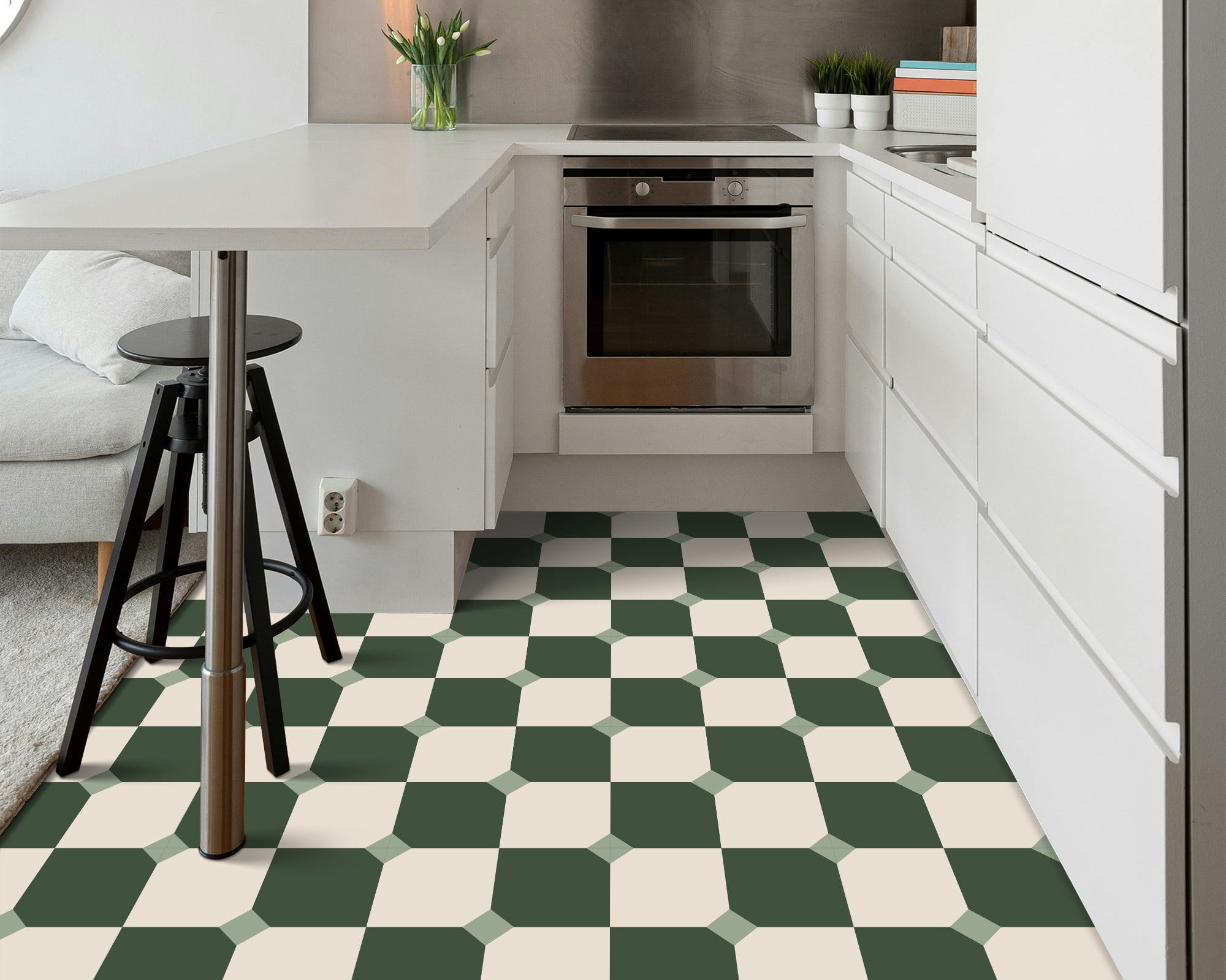 DEWOO 12" x 12" Peel and Stick Floor Tile, 10 PCS Self-Adhesive DIY Vinyl Flooring for Renters, Removable and Waterproof Tile Sticker for Bathroom, Kitchen, Staircase (White Green Grid)