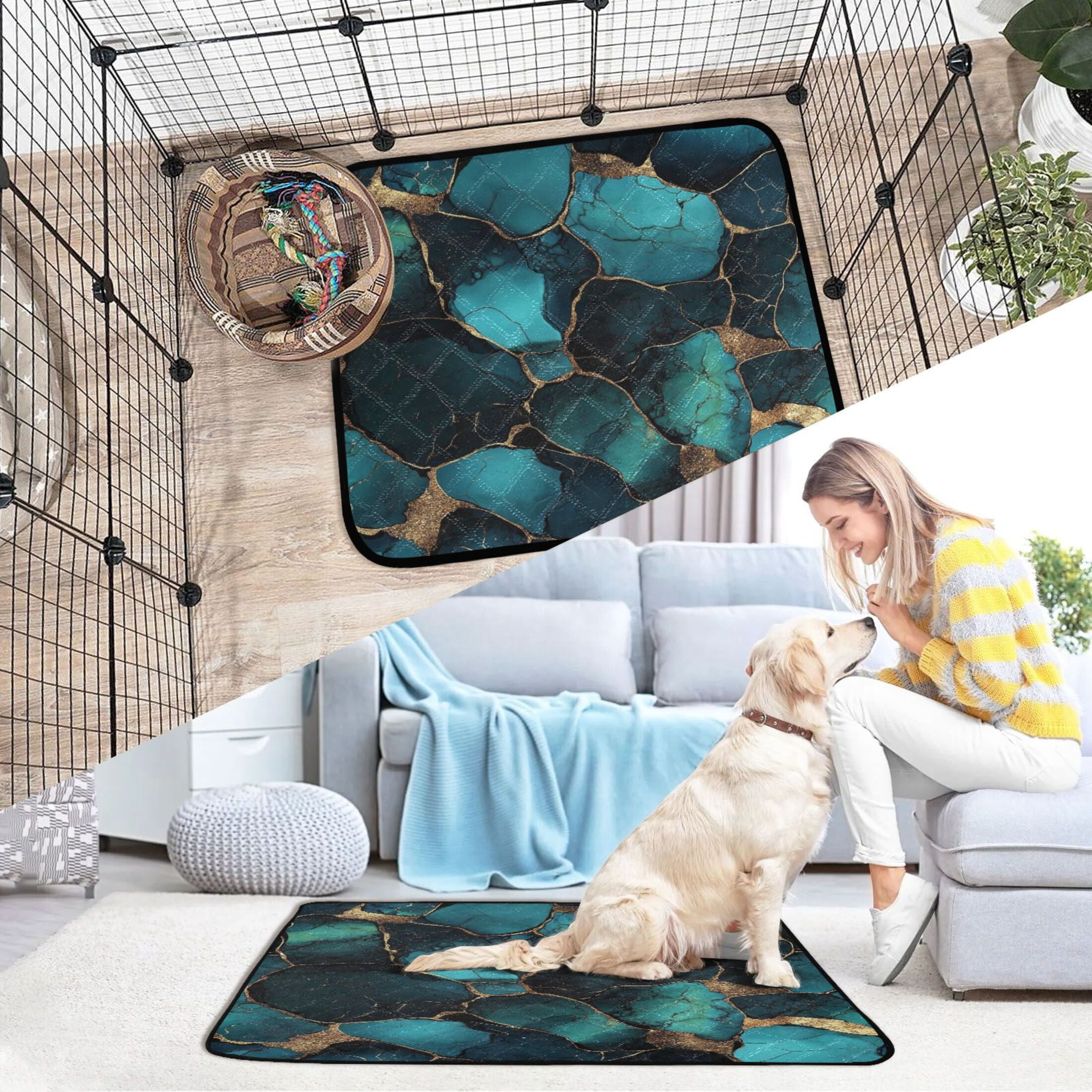 Qxltty Gild Dark Green Marble Cat litter Pads Pet Set of 2 Diaper Mats Center Anti-leakage Layer Absorbent Soft and Comfortable
