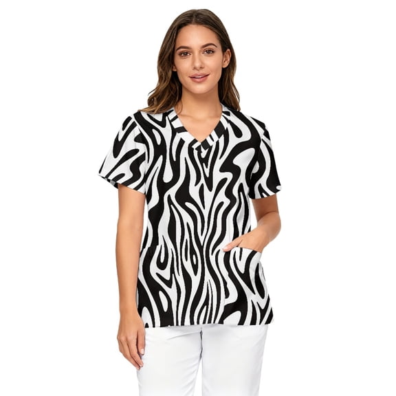 Binienty Zebra Stripe Pattern Medical Uniform for Women Soft Stretch Short Sleeve Stretchy Top with Pockets Healthcare Workwear for Clinic