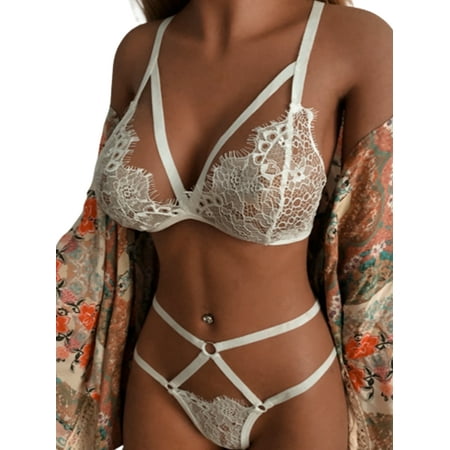

Hermissia Womens Bralette Lace Bra G-string Thong Two Pieces Lingerie Suit