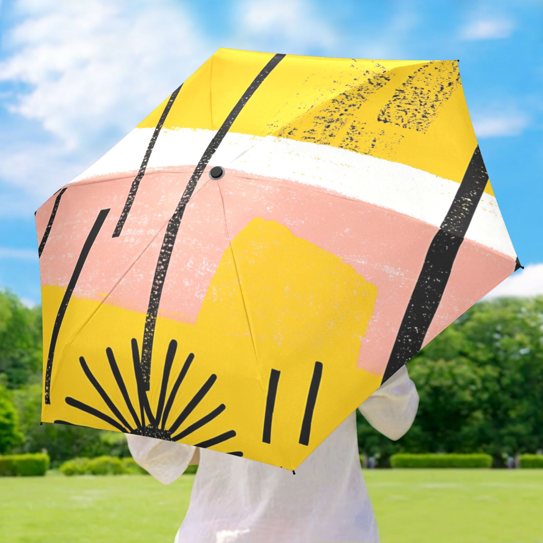 Abstract Daisies Pattern Umbrellas for Sun Auto Open Close UV50+ Waterproof 5-Fold Compact Fiberglass Frame