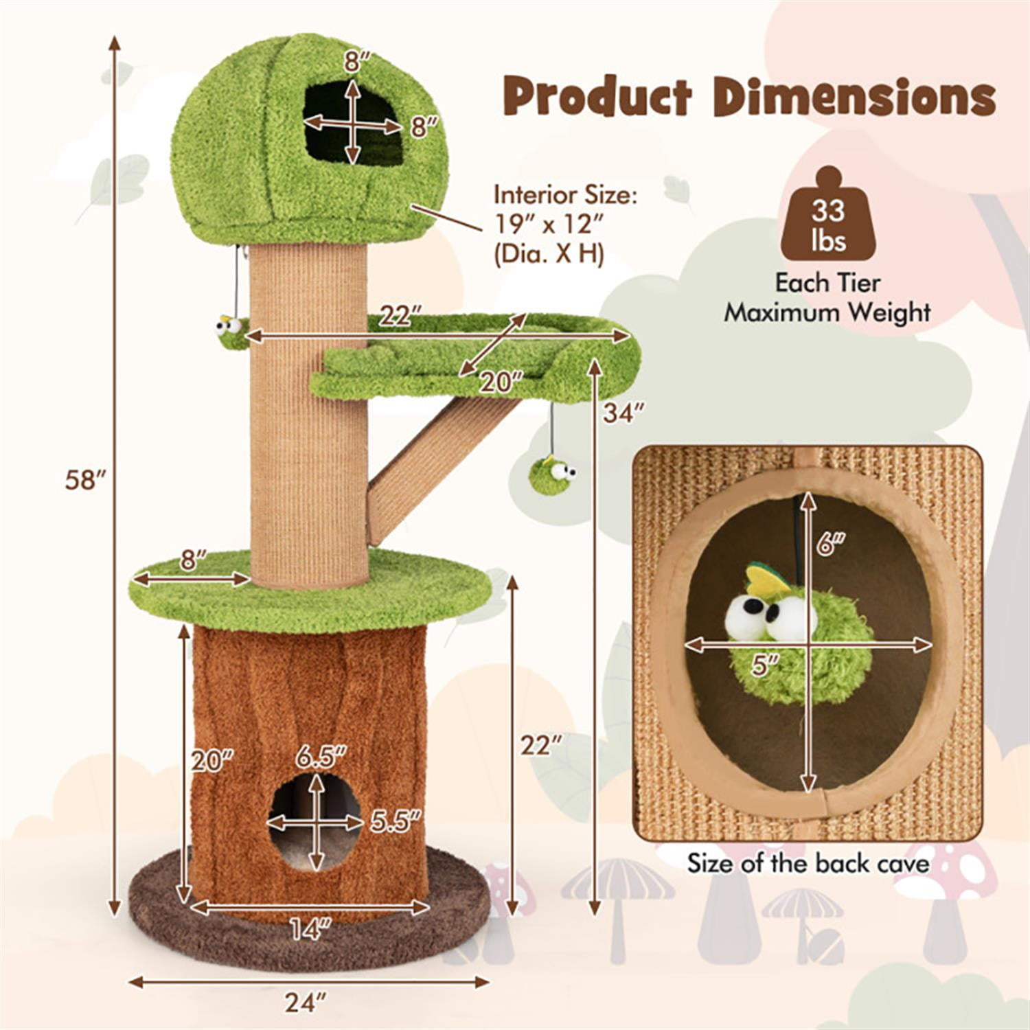 resenkos 58" Cat Tree Tower with 2 Cute Condos for Indoor Cats, Plush Cat House with Plush Perch and Teasing Balls, Brown