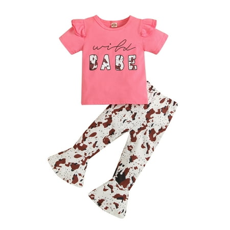 

Suanret Little Girls 2Pcs Clothes Outfits Short Sleeve Letter Pattern Tops + Elastic Waist Tie-Dye Flared Trousers Pink 5-6 Years