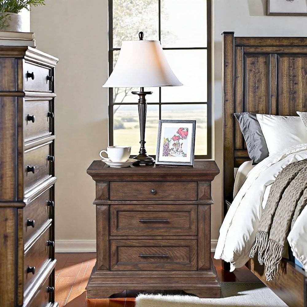 Wood Nightstand with Drawers – Classic 3 Drawer Nightstand in Brown