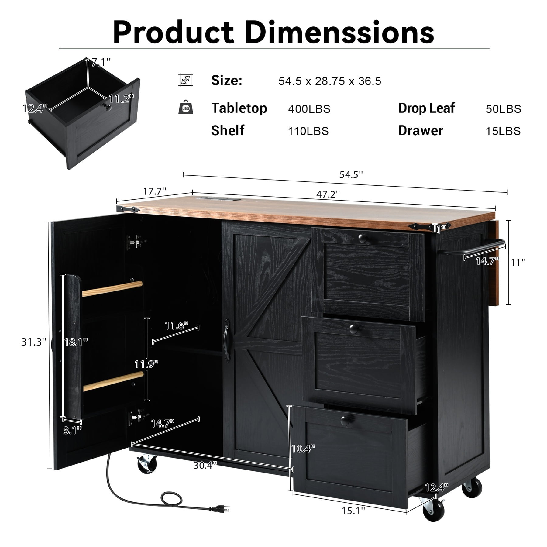 Alvantor 54.5'' Kitchen Island Carts with Power Outlet, Farmhouse Buffet Cabinet with Drop Leaf, Spice Rack and Drawer for Dining Room Living Room Black