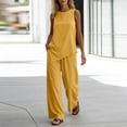 thumbnail image 6 of Zynoxe Two Piece Sets for Women Trendy Crew Neck Sleeveless Top Elastic Waist Wide Leg Pants Suit Comfort Breathable Cotton Linen Lounge Set Summer Versatile Solid Color Vacation Outfits 2XL, 6 of 8