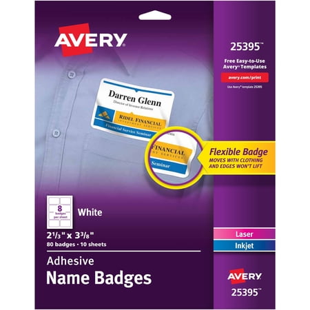 Avery® Adhesive Name Badges - Removable Adhesive - Rectangle - Laser - White - Film - 8 / Sheet - 10 Total Sheets - 80 Total Label(s) - 5 / Carton