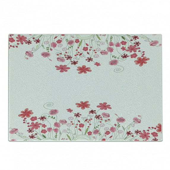 Flower Cutting Board, Detailed Contour Herbs and Blossoms Bridal Style Pure Simplistic Floral Theme, Decorative Tempered Glass Cutting and Serving Board, Small Size, Pink Green White, by Ambesonne