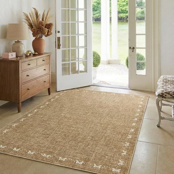 Rugs for Living Room 4x6 Bow Border Area Rugs for Bedroom, Washable Area Rug with Non Slip Backing, Non Shedding Low Pile Modern Solid Color Carpet for Dining Room, Entryway, Kids Room, Brown