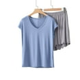 thumbnail image 2 of Busydd Pj Sets for Woman Trendy Solid Color 2 Piece Lounge Sets for Women Casual Comfy Short Sleeve V Neck T-Shirts and Elastic Waist Shorts Women's Pajama Sets, 2 of 6