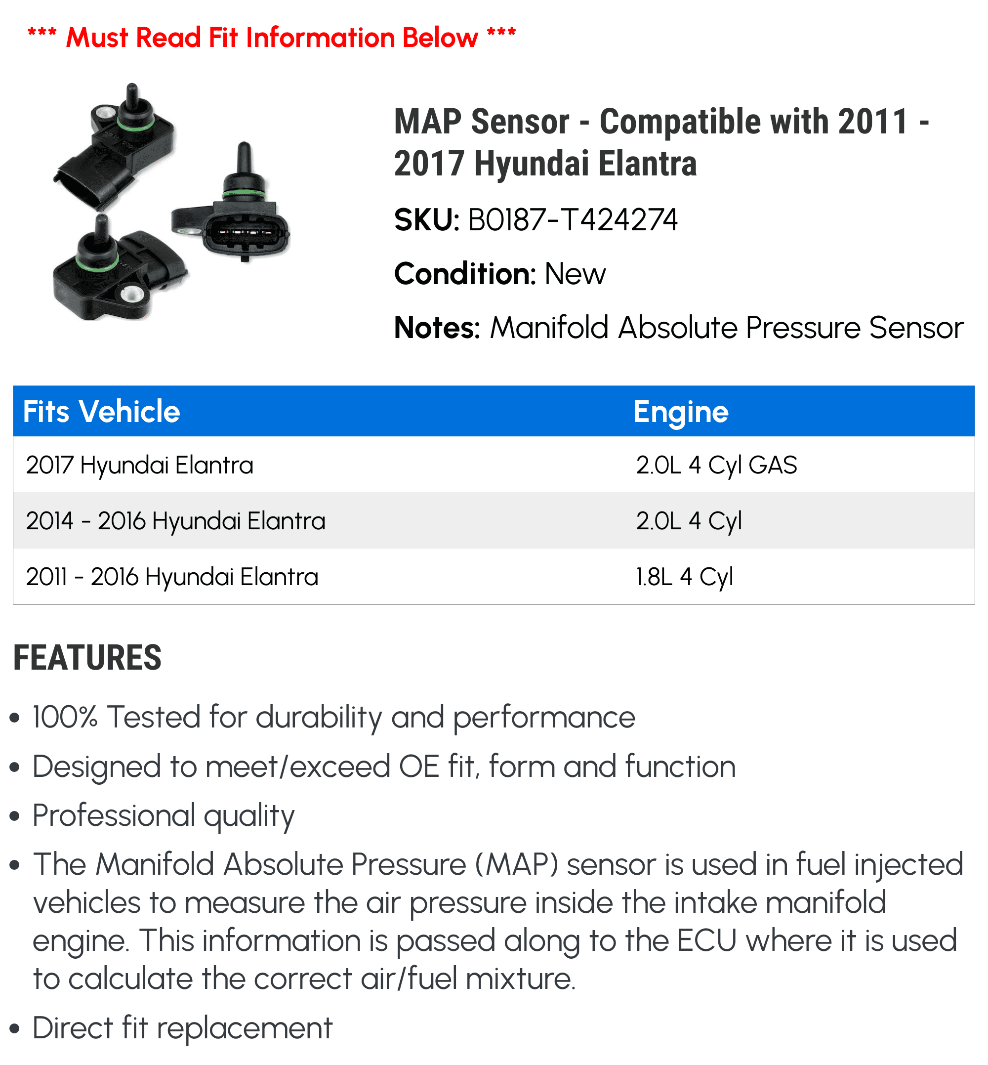 MAP Sensor - Compatible with 2011 - 2017 Hyundai Elantra 2012 2013 2014 2015 2016