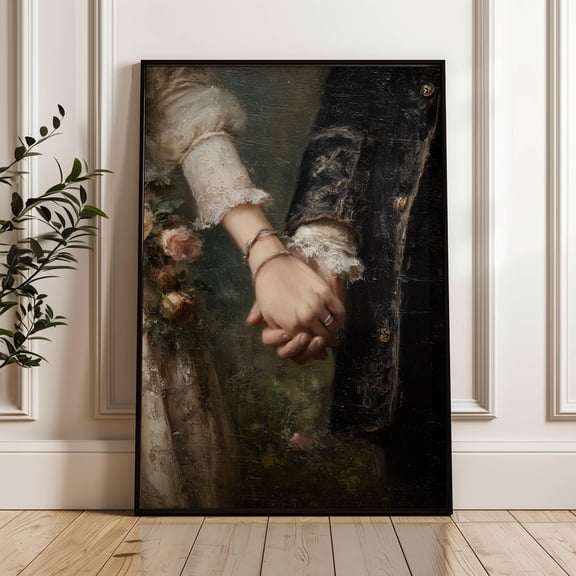 Victorian Couple Holding Hands, Romantic Scene, Love, Vintage Art, Moody Wall Print, Dark Academia Artwork, Moody Gothic Library Decor UNFRAMED Poster, Wall Art for Decor, Present, 8x12