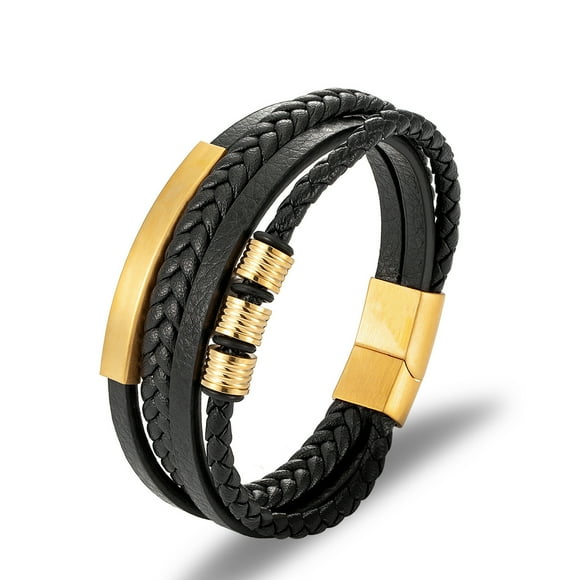Leather Cord Bracelet Stainless Steel Braided Bracelet Men's Vintage Braided Bracelet Multi Layered Bracelet, gold