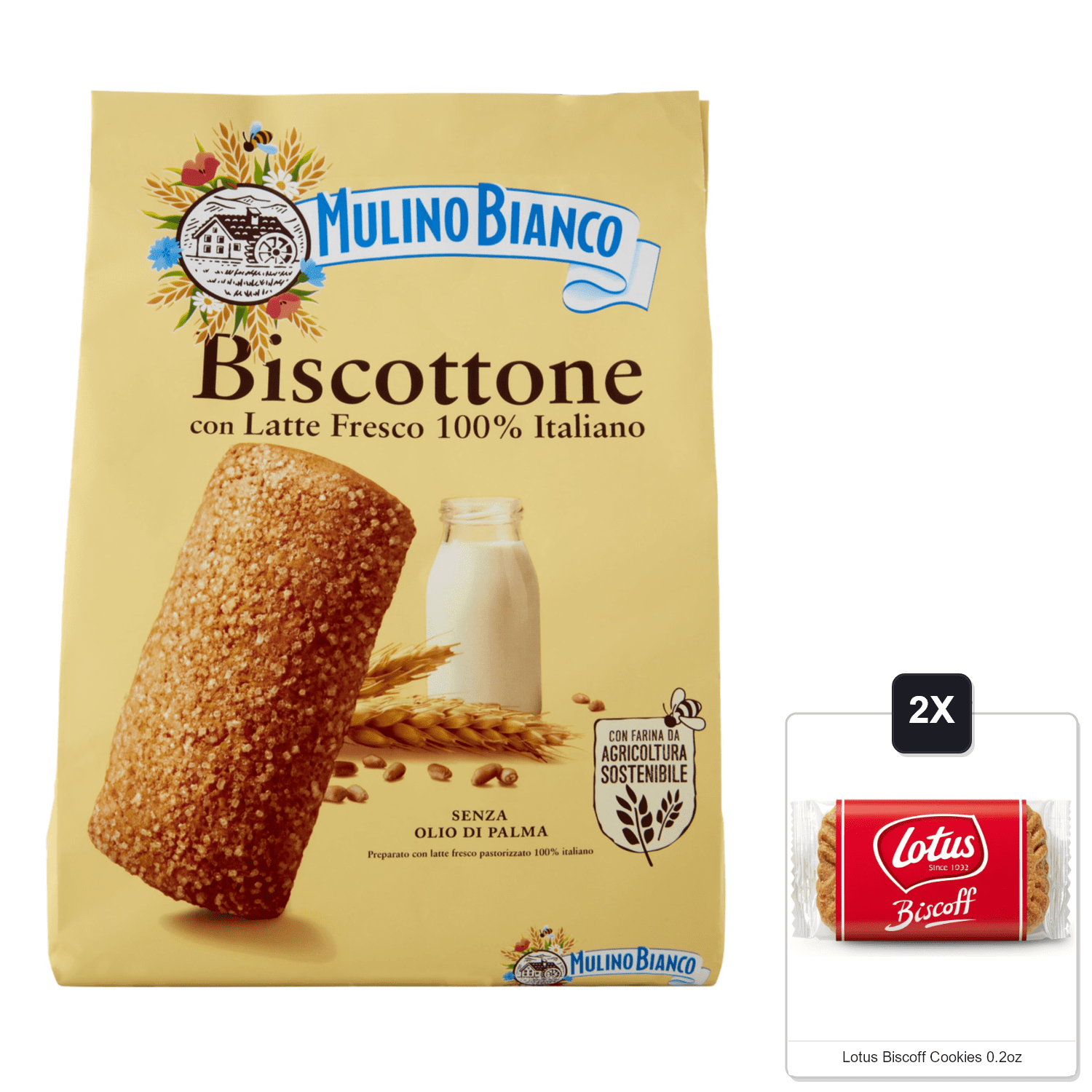 Mulino Bianco: "Biscottone" Shortbread Cookies With Crumbly Pastry - 24.69 Oz (700G) [ Italian Import ] & 2x Lotus Biscoff Cookies 0.2oz
