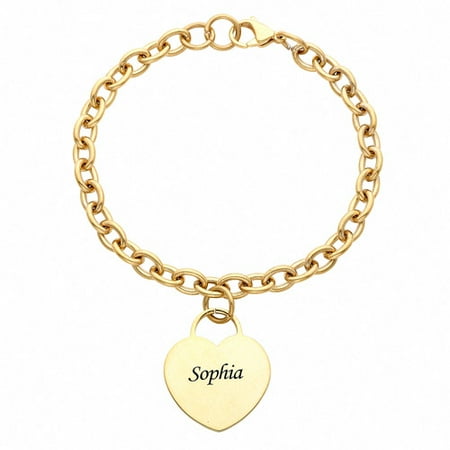 Personalized Planet Engraved Name Heart Bracelet in 14kt gold stainless steel