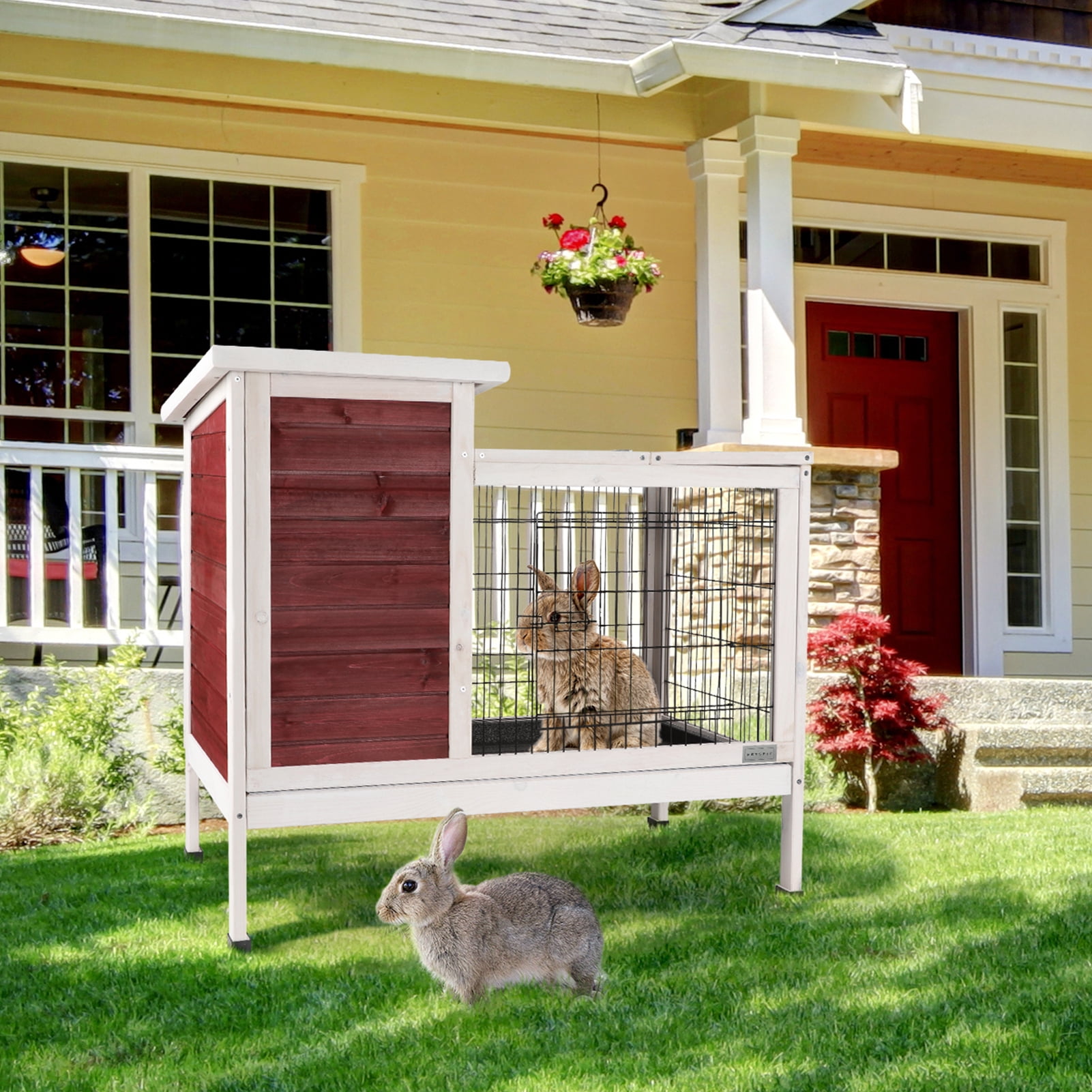 Witaxima Red Wooden Rabbit Hutch with Runway, 37.5x21.5x34 Inch Small Animal Cage, Leak-Proof Plastic Tray for Indoor/Outdoor Use